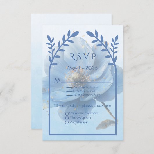 Modern Minimalist Gold and Blue Wedding 出欠カード (正面/裏面)