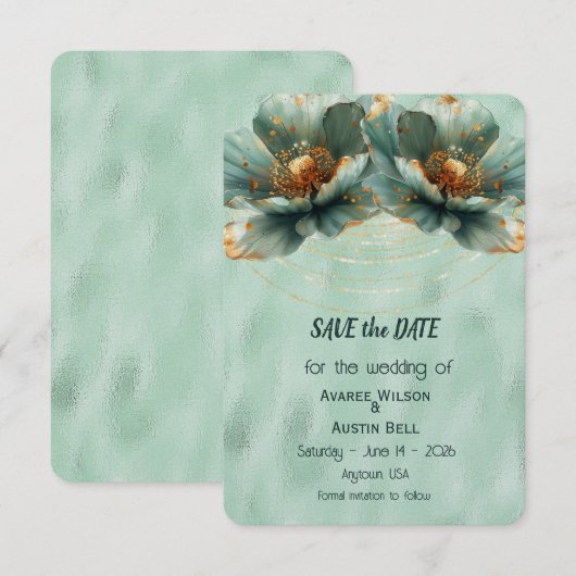 Modern Minimalist Gold and Emerald Wedding セーブザデート (正面/裏面)