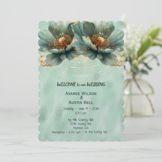 Modern Minimalist Gold and Emerald Wedding  招待状 (スタンド正面)