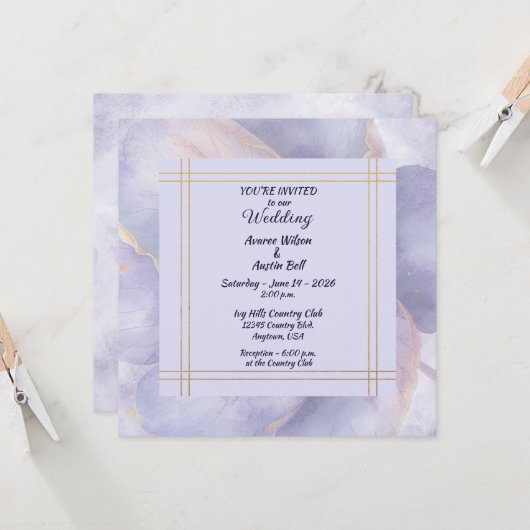 Modern Minimalist Gold and Purple Wedding  招待状 (正面/裏面インサイチュ)