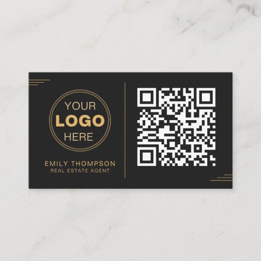 Modern Minimalist Gold & Black QR Professional 名刺 (正面)