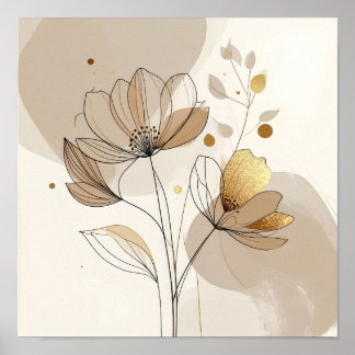 Modern Minimalist Gold Floral Line Art: Abstract B ポスター