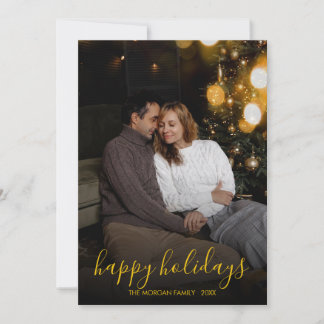 Modern Minimalist Gold Script Happy Holidays Photo シーズンカード