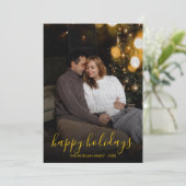 Modern Minimalist Gold Script Happy Holidays Photo シーズンカード (スタンド正面)