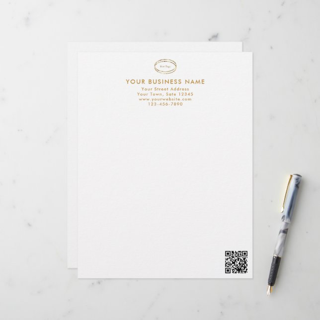 Modern Minimalist Gold Tan QR Code Business Logo レターヘッド (正面/裏面インサイチュ)