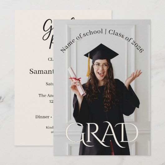 Modern Minimalist Grad | Elegant Photo Grad Party 招待状 (正面/裏面)