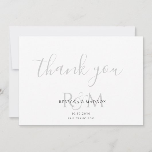 Modern Minimalist Gray Monogram Wedding サンキューカード (正面)