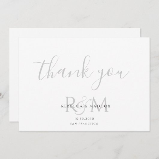 Modern Minimalist Gray Monogram Wedding サンキューカード (正面/裏面)