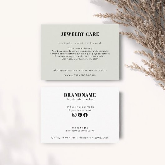 Modern Minimalist Green Jewelry Care Insert Card エンクロージャーカード