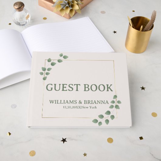 Modern Minimalist Green Leave Photo Wed Guest Book ゲストブック (正面見開き)