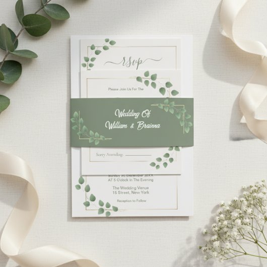 Modern Minimalist Green Leave Wedding 招待状ベリーバンド
