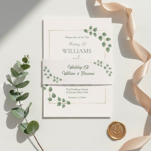 Modern Minimalist Green Leave Wedding 招待状ベリーバンド