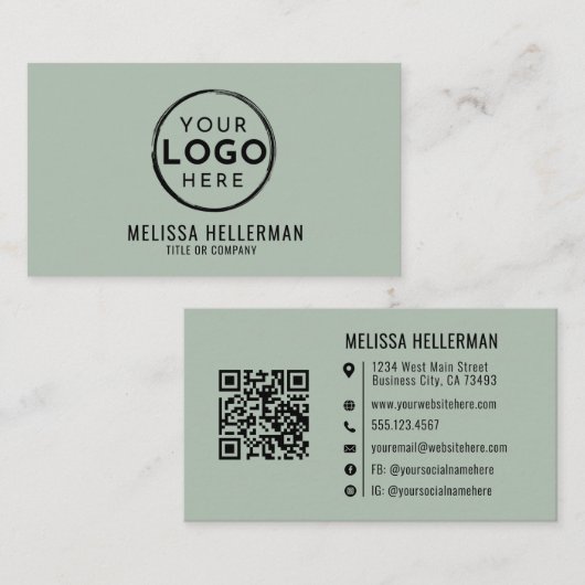 Modern Minimalist Green Professional Logo QR Code 名刺 (正面/裏面)