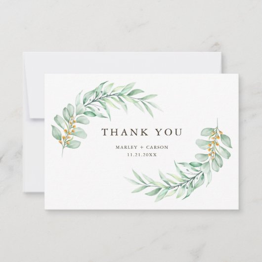 Modern Minimalist Greenery Foliage Wedding サンキューカード (正面)