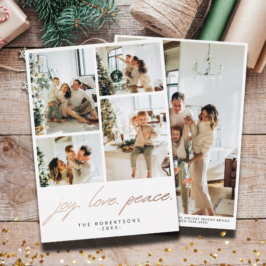 Modern Minimalist Joy Love Peace Script 5 Photo 箔シーズンカード