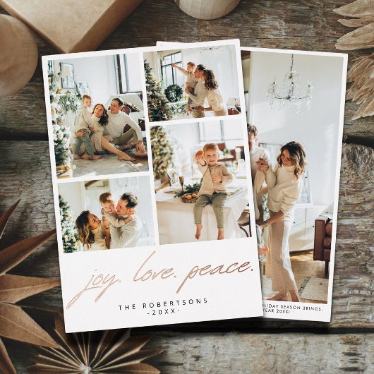Modern Minimalist Joy Love Peace Script 5 Photo 箔シーズンカード