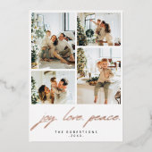 Modern Minimalist Joy Love Peace Script 5 Photo 箔シーズンカード (正面)