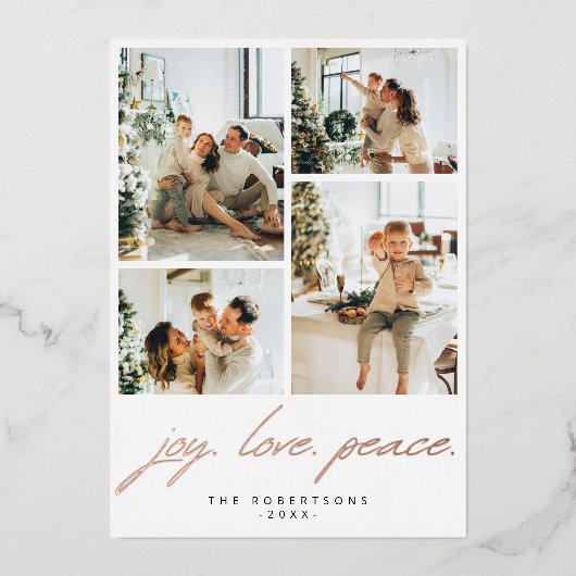 Modern Minimalist Joy Love Peace Script 5 Photo 箔シーズンカード (正面)