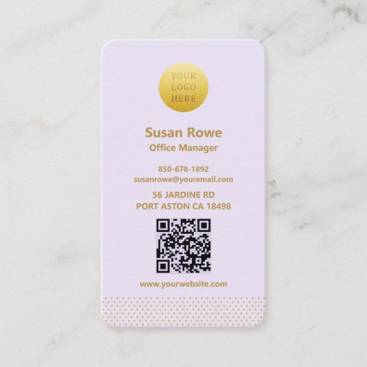 Modern Minimalist Lilac and Gold Dots QR Code 名刺 (正面)