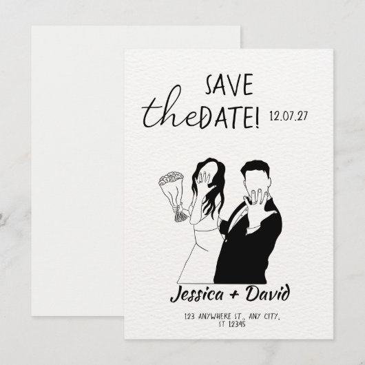 Modern Minimalist Line Art Bride and Groom Wedding 招待状 (正面/裏面)