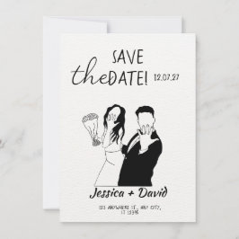 Modern Minimalist Line Art Bride and Groom Wedding 招待状