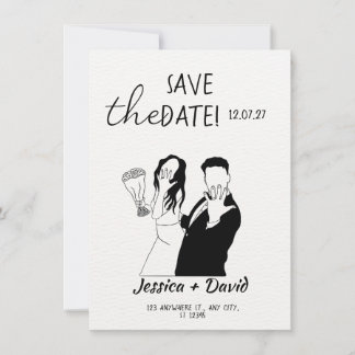 Modern Minimalist Line Art Bride and Groom Wedding 招待状