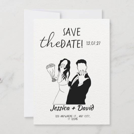 Modern Minimalist Line Art Bride and Groom Wedding 招待状 (正面)