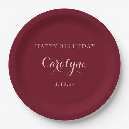 Modern Minimalist Maroon Birthday  ペーパープレート (正面)
