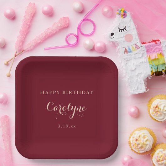Modern Minimalist Maroon Birthday  ペーパープレート (パーティー)