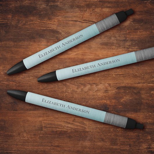 Modern Minimalist Monogram Name Teal Blue Metallic 黒ボールペン