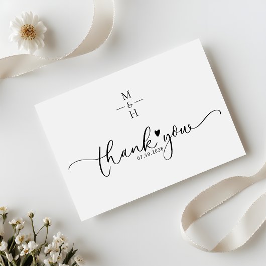 Modern Minimalist Monogram Script Heart Wedding サンキューカード