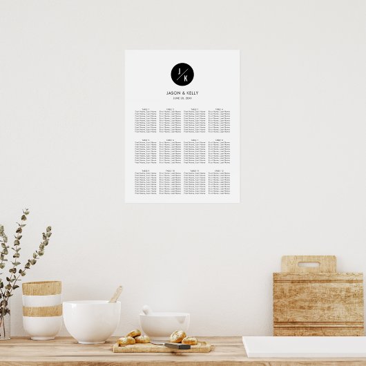 Modern, Minimalist Monogram Wedding Seating Chart ポスター (キッチン)