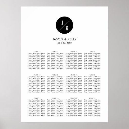 Modern, Minimalist Monogram Wedding Seating Chart ポスター (正面)