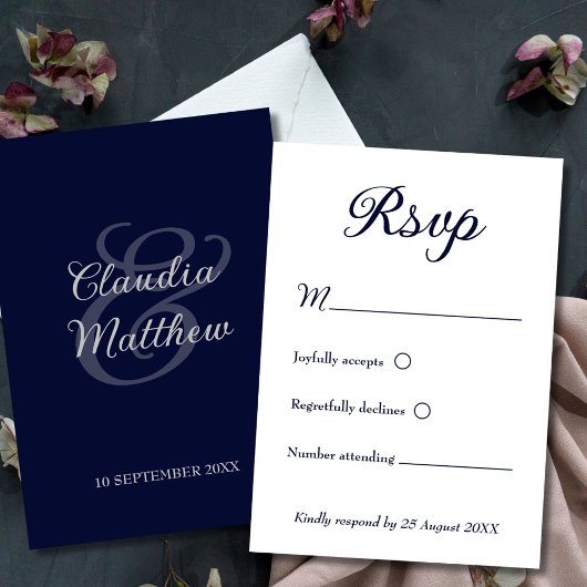 Modern Minimalist Navy Blue and White Wedding RSVP