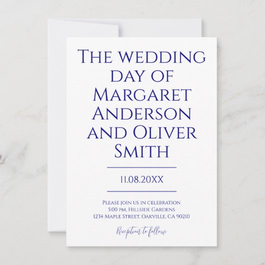 Modern Minimalist Navy Blue Trendy Wedding  招待状 (正面)