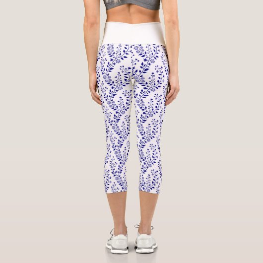 Modern Minimalist Navy Blue White Floral  カプリレギンス (裏面)