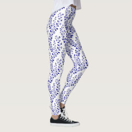 Modern Minimalist Navy Blue White Floral  レギンス