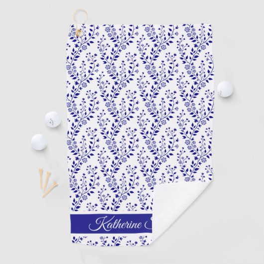 Modern Minimalist Navy Blue White Floral Script ゴルフタオル (インサイチュ)