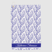 Modern Minimalist Navy Blue White Floral Script ゴルフタオル (正面)
