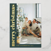 Modern Minimalist Photo Green Merry Christmas 箔シーズンカード (正面)