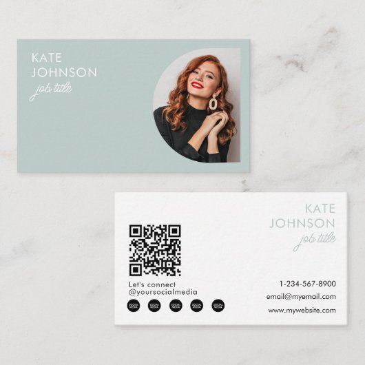 Modern Minimalist Photo Sage Green QR Code 名刺 (正面/裏面)
