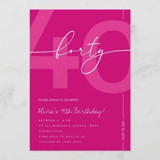 Modern Minimalist Pink 40th Birthday Party 招待状 (正面)