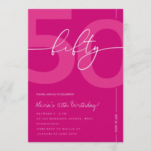 Modern Minimalist Pink 50th Birthday Party 招待状 (正面)