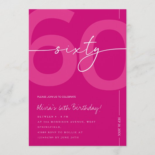 Modern Minimalist Pink 60th Birthday Party 招待状 (正面)