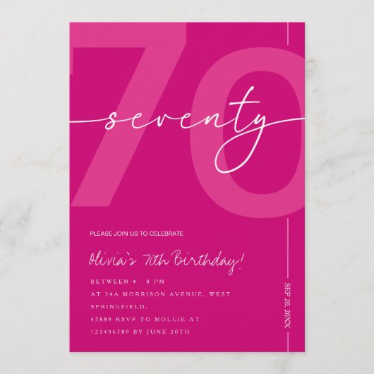 Modern Minimalist Pink 70th Birthday Party 招待状 (正面)