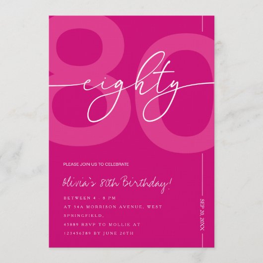 Modern Minimalist Pink 80th Birthday Party 招待状 (正面)