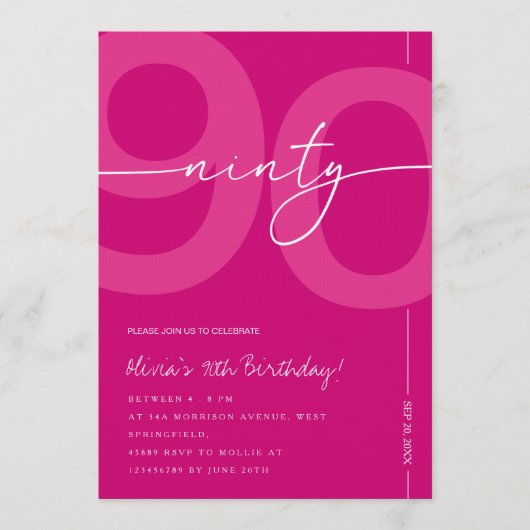 Modern Minimalist Pink 90th Birthday Party 招待状 (正面)