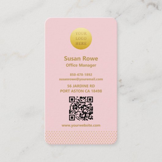 Modern Minimalist Pink and Gold Dots QR Code 名刺 (正面)