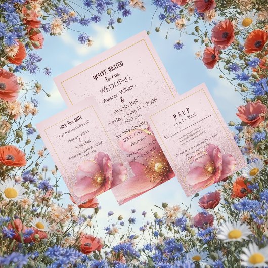Modern Minimalist Pink and Gold Wedding Invitation 招待状