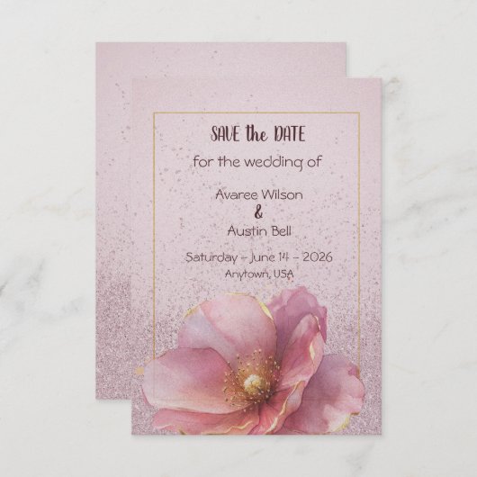 Modern Minimalist Pink Gold Wedding Save the Date セーブザデート (正面/裏面)